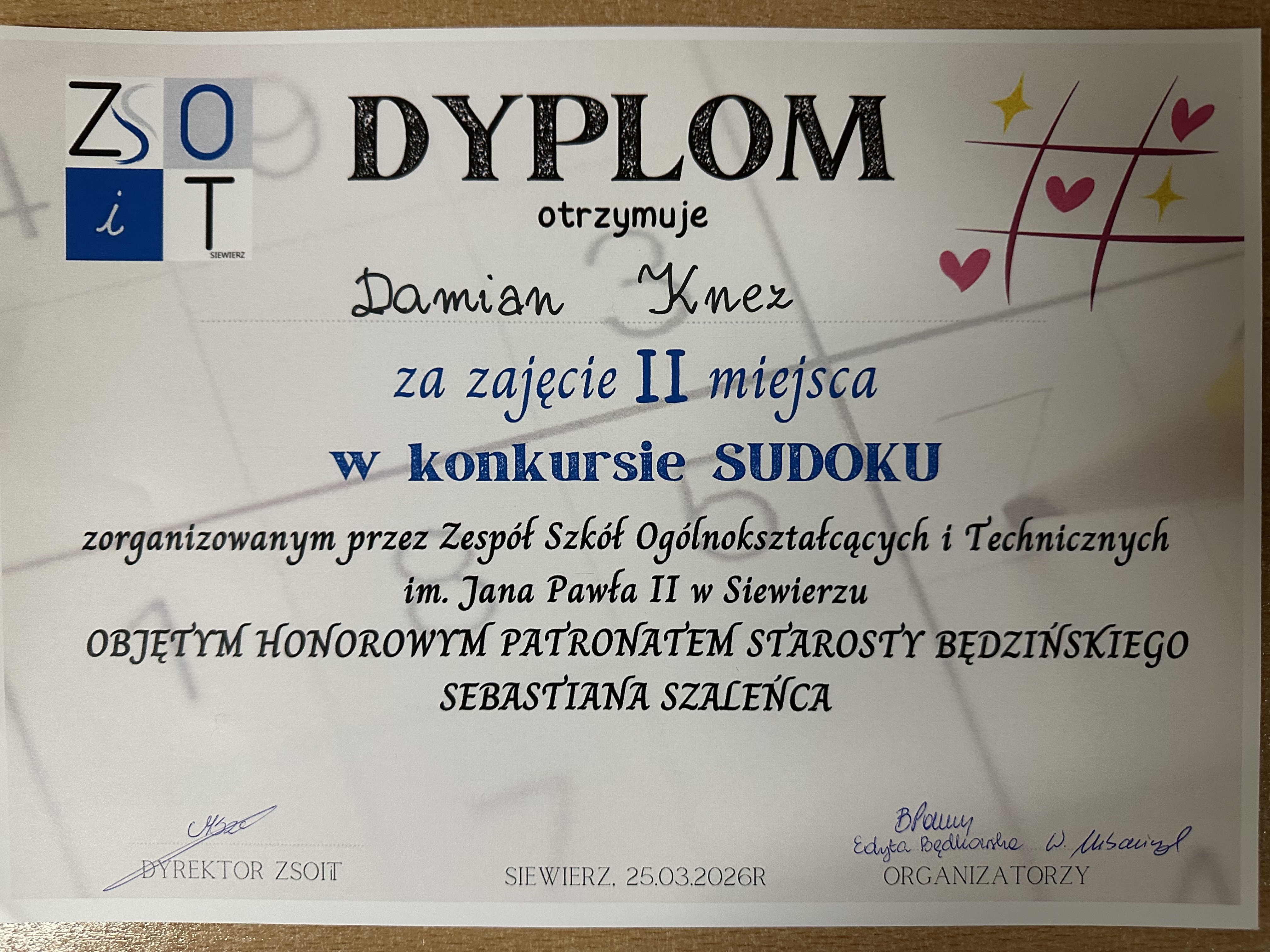 Sukces w Powiatowym Konkursie Sudoku